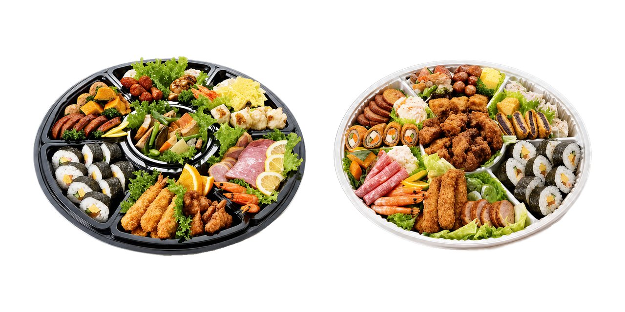 大皿に盛り合わせた法事用オードブル2種。揚げ物や巻き寿司などの盛り合わせ