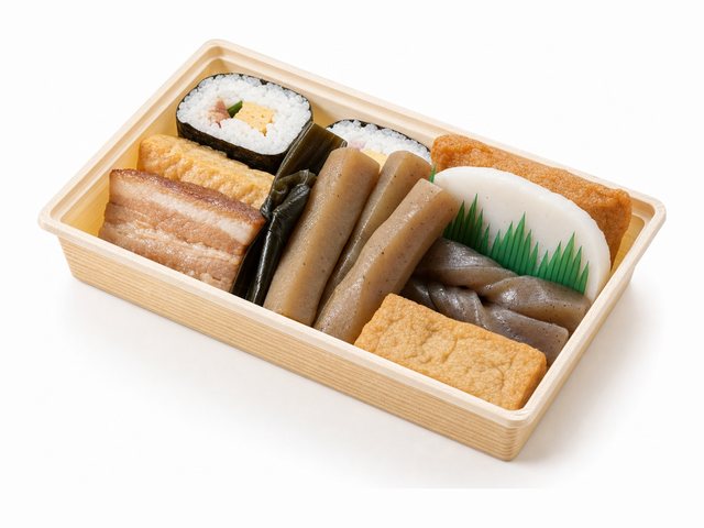 法事用の折詰弁当C。巻き寿司・かまぼこ・煮物などを詰め合わせた折詰