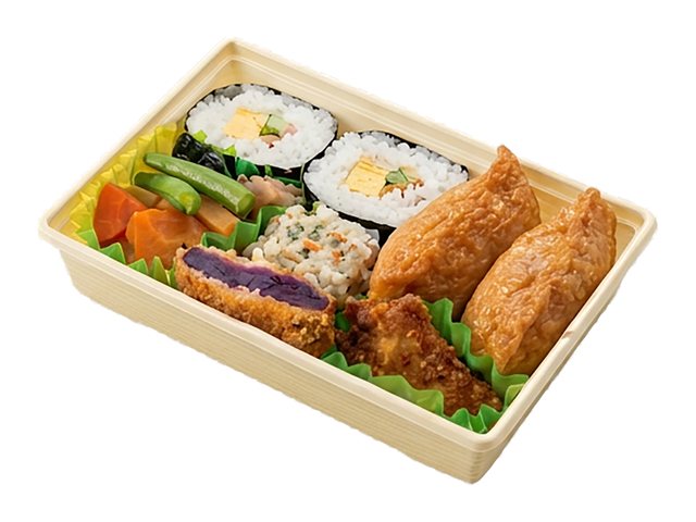 法事用の折詰弁当R3。巻き寿司・いなり寿司・揚げ物・野菜などを詰め合わせた折詰