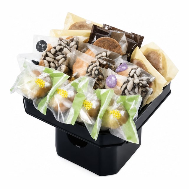 個包装の洋菓子や焼き菓子を供物台に彩りよく盛り付けた洋風盛菓子