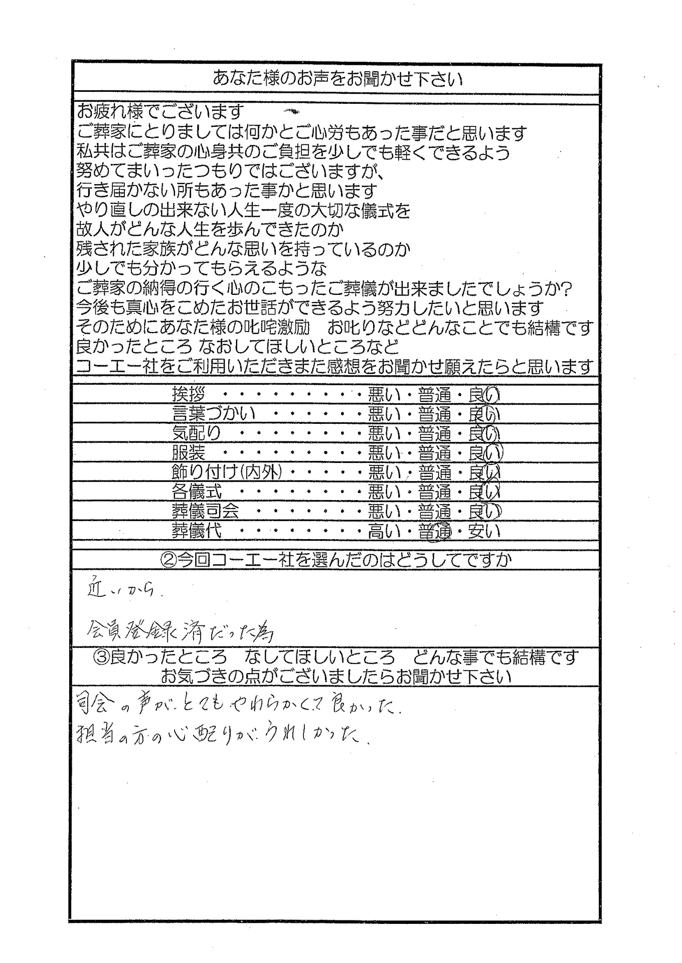 お寄せいただいたアンケート用紙（個人情報は伏せています）